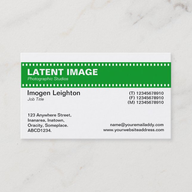 Film Strip Header - Grass Green and White Business Card (Front)