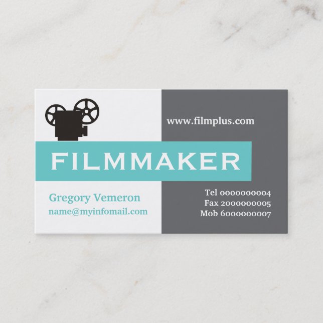 Filmmaker grey, white, aqua eye-catching business card (Front)