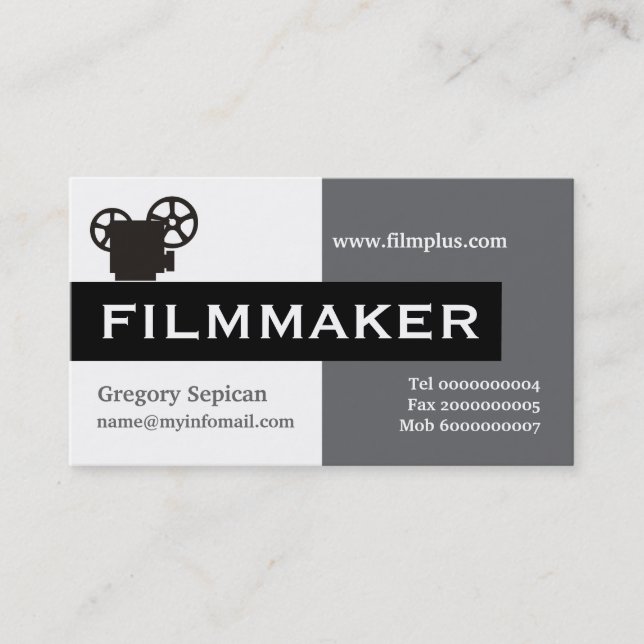 Filmmaker grey, white, black eye-catching business card (Front)