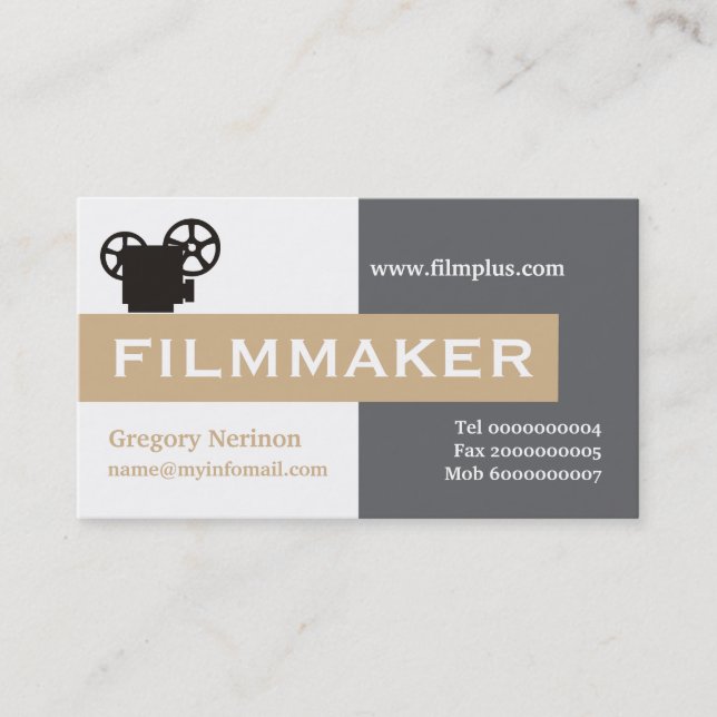 Filmmaker grey, white, tan eye-catching business card (Front)
