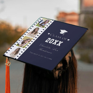 Filmstrip Four Photo Collage Blue Graduation Cap Topper
