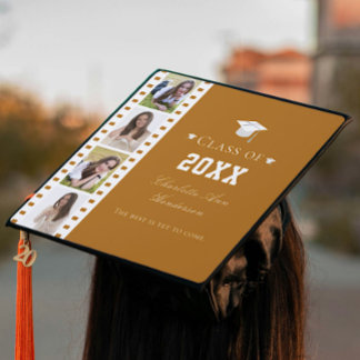Filmstrip Four Photo Collage | Orange Graduation Cap Topper