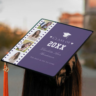 Filmstrip Four Photo Collage | Purple Graduation Cap Topper