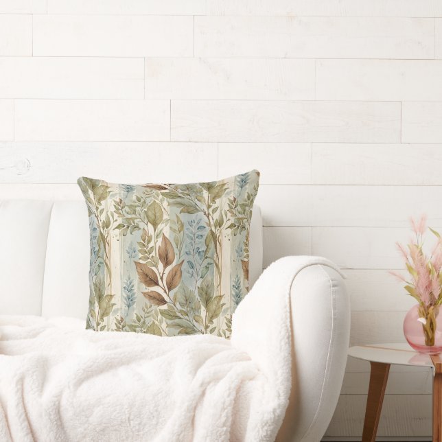 Filmy Sage & Brown Leaves Over Stripe Throw Pillow (Couch)