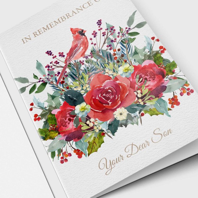Fils de la carte | de souvenir de Noël cher (Christmas Watercolor Florals and Cardinal 'In Remembrance of Your Dear Son' Sympathy Card)