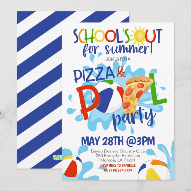 Fin de l'école Pizza & Pool Party Invitation (Devant / Derrière)