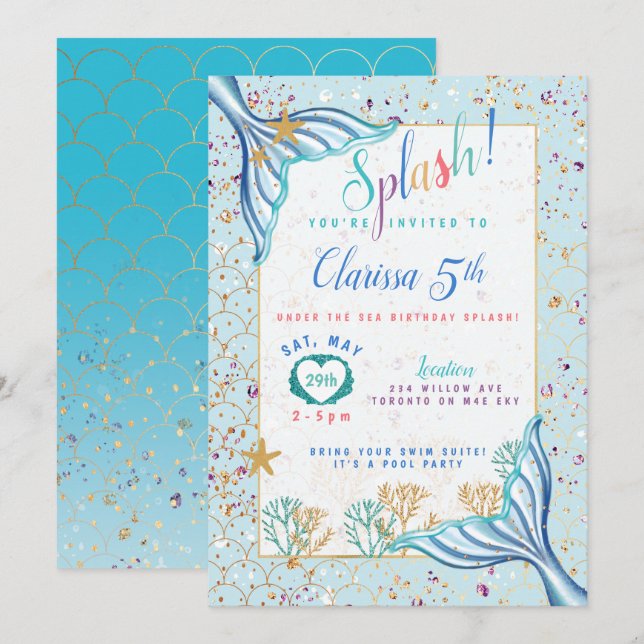 Fin De Sirène Sous La Mer Invitation D'Anniversair (Devant / Derrière)