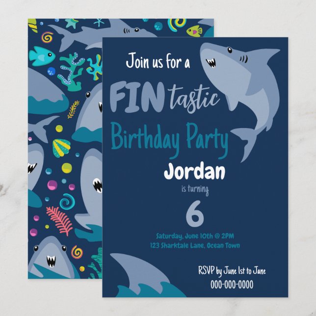 Fin-tastic Shark Birthday Party Kids Under The Sea Invitation (Front/Back)