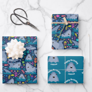 Fin-tastic Shark Birthday Party Kids Under The Sea Wrapping Paper Sheet