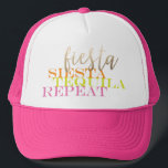 Final Fiesta Bachelorette Favour Customizable Trucker Hat<br><div class="desc">Celebrate your Bachelorette with a Final Fiesta! This customizable trucker hat is a great party favour for all the guests of an epic bachelorette fiesta! "Fiesta siesta tequila repeat" graphic is colourful and bright with modern typography, so can be used on any colour but the white background makes it pop!...</div>
