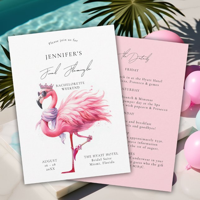 Final Flamingle Cute Funny Bachelorette Itinerary Invitation (final flamingle bachelorette party invitation itinerary pink flamingo tropical funny watercolor fun)