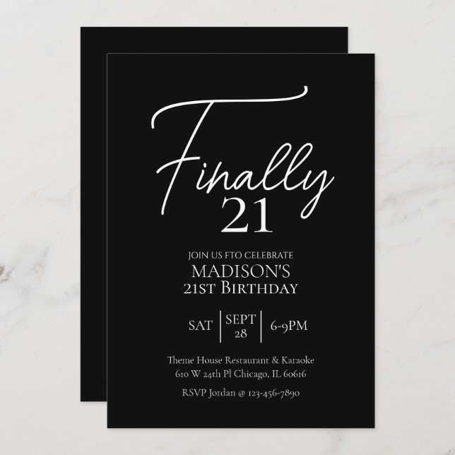 Finally 21 Black & White 21st Birthday Invitation (Front/Back)