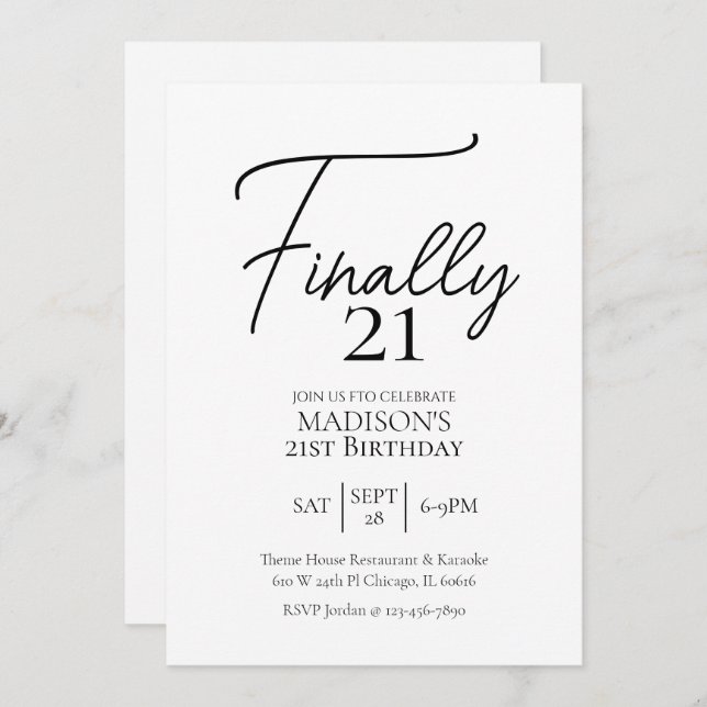 Finally 21 Black & White 21st Birthday Invitation (Front/Back)