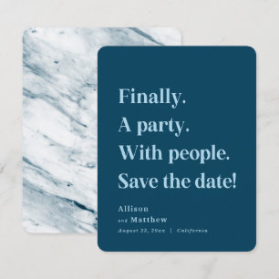 Finally a Party Simple Text Navy Blue Minimalist Save The Date