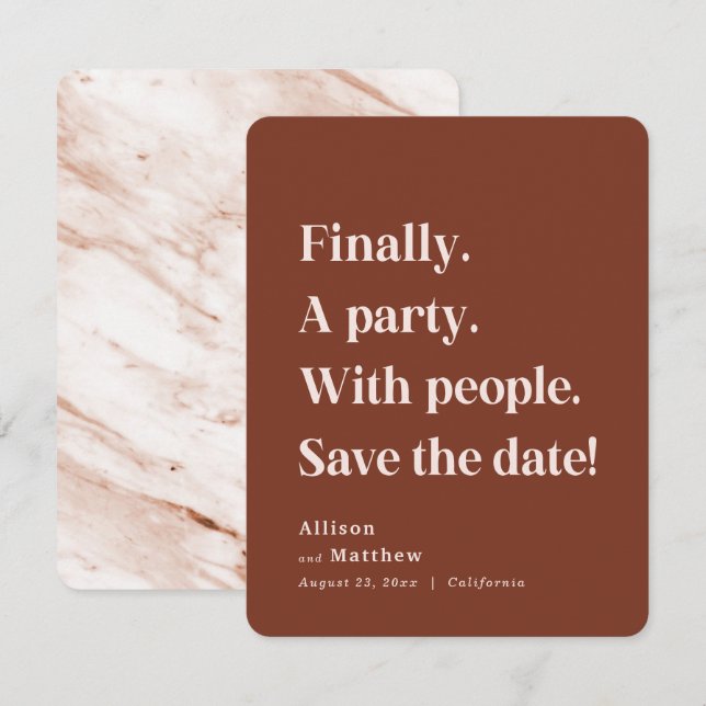 Finally a Party Simple Text Sienna Minimalist Save The Date (Front/Back)