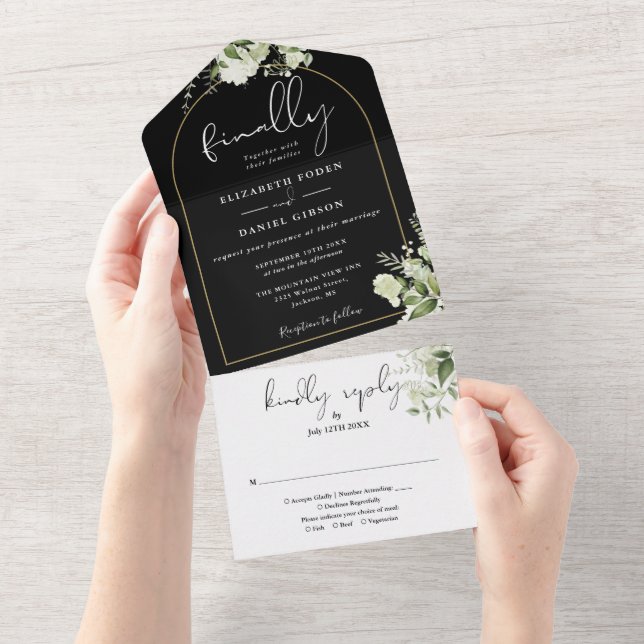 Finally Black Gold Arch Greenery Floral Wedding All In One Invitation (Tearaway)