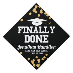 Finally Done Black Gold Confetti Graduation Cap Topper