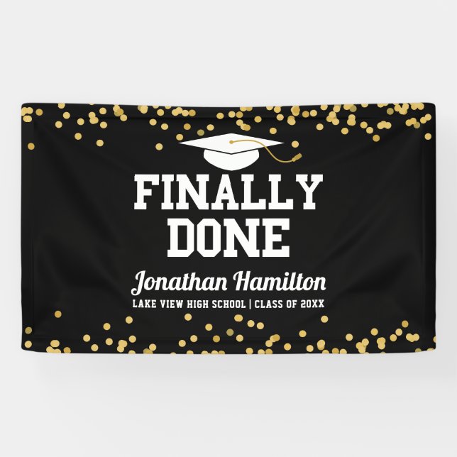 Finally Done Black Gold Graduation Party Banner (Horizontal)