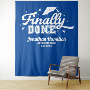 Finally Done Blue Graduation Party Backdrop Tapestry