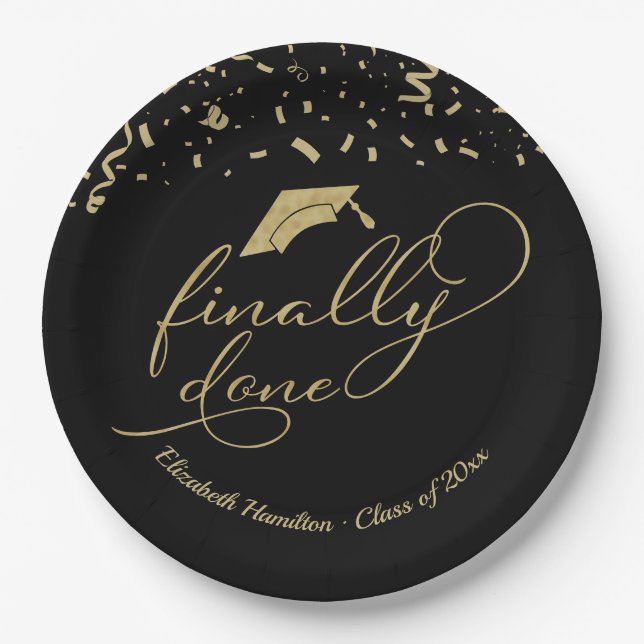 Finally Done Gold Calligraphy Graduation Party Paper Plate (Front)