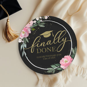 Finally Done Hot Pink Floral Grad Party Black Paper Plate