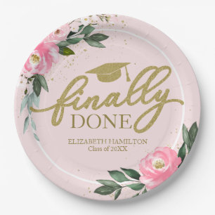 Finally Done Hot Pink Floral Graduation Party Paper Plate