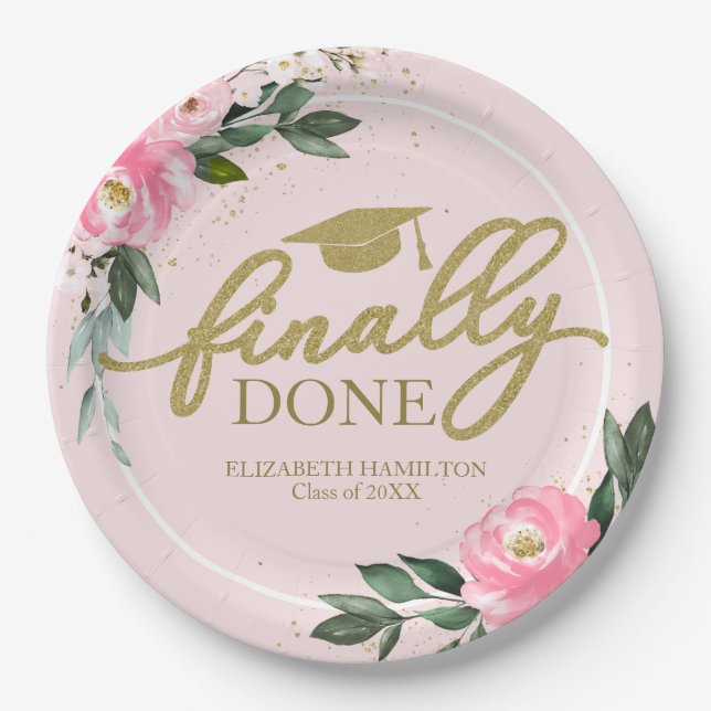 Finally Done Hot Pink Floral Graduation Party Paper Plate (Front)