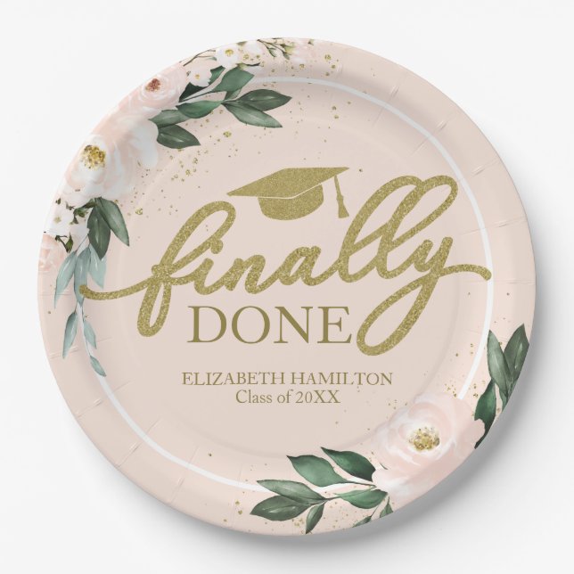 Finally Done Pink Blush Floral Graduation Party Paper Plate (Front)