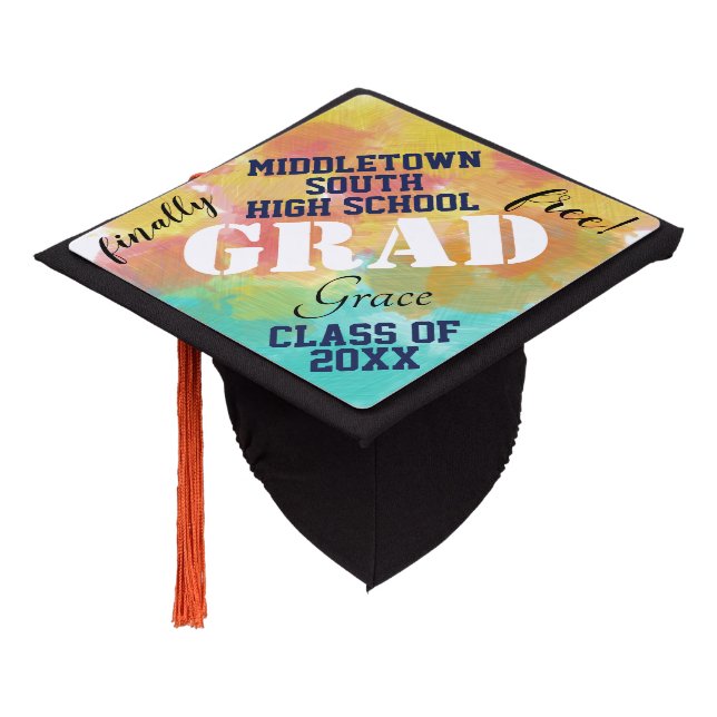 Finally Free Graduation Pink Yellow Turquoise Blue Cap Topper (Angled)