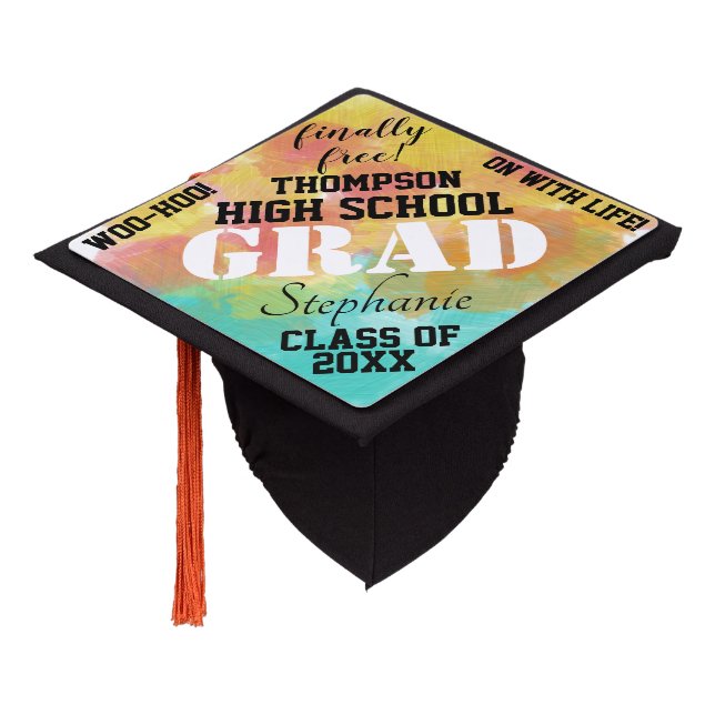 Finally Free Pink Turquoise Watercolor Graduation Cap Topper (Angled)