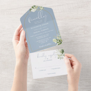 Finally Gold Arch Dusty Blue Greenery Wedding All In One Invitation