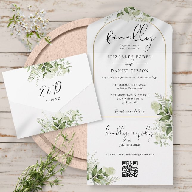Finally Gold Arch Greenery Floral QR Code Wedding All In One Invitation (Creator Uploaded)