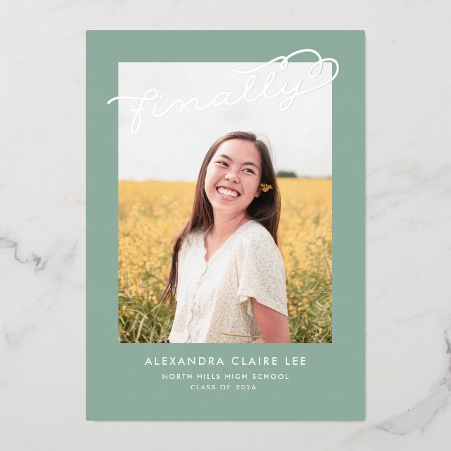 Finally Gold Foil on Sage Graduation Announcement (Front)