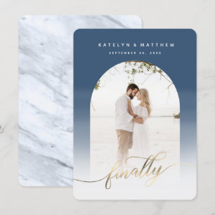 Finally Gold Script Denim Blue Arch Framed Photo Save The Date