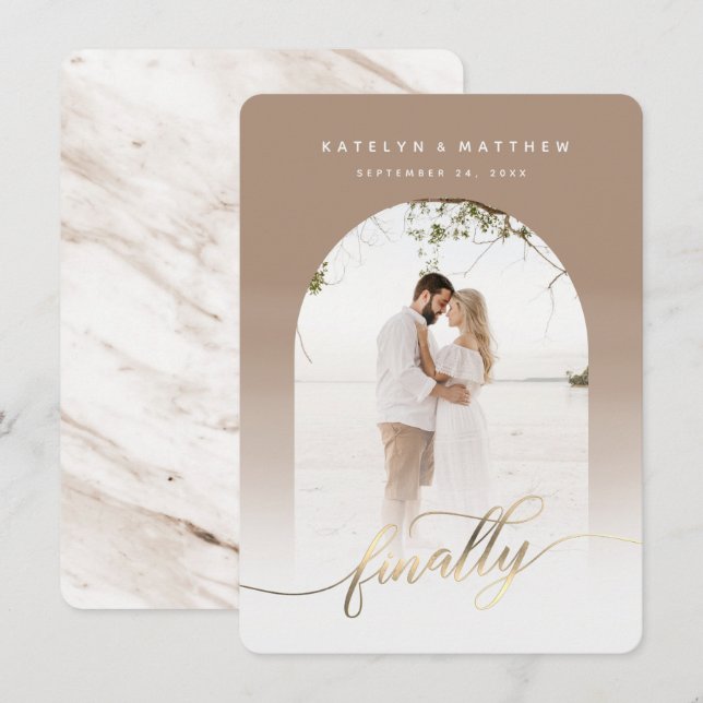 Finally Gold Script Taupe Arched Framed Photo Save The Date (Front/Back)