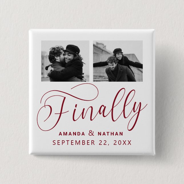 Finally Minimalist Wedding 2 Photo Save the Date 2 Inch Square Button (Front)