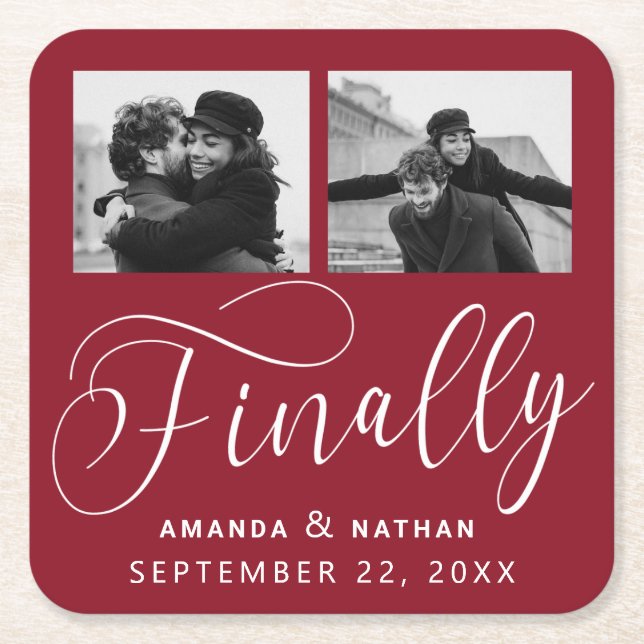 Finally Minimalist Wedding 2 Photo Save the Date Square Paper Coaster (Front)