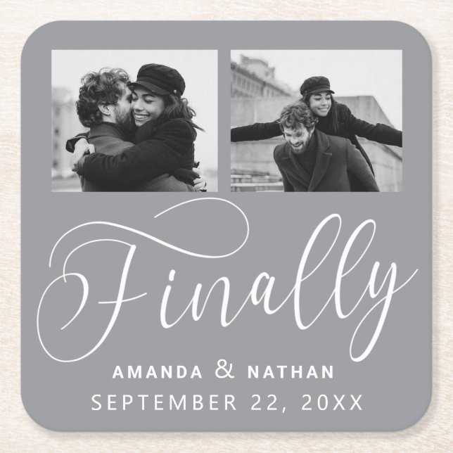 Finally Minimalist Wedding 2 Photo Save the Date Square Paper Coaster (Front)
