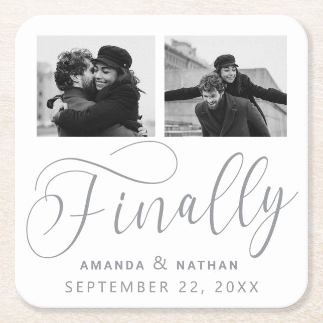Finally Minimalist Wedding 2 Photo Save the Date Square Paper Coaster (Front)