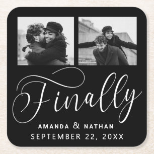 Finally Minimalist Wedding 2 Photo Save the Date Square Paper Coaster