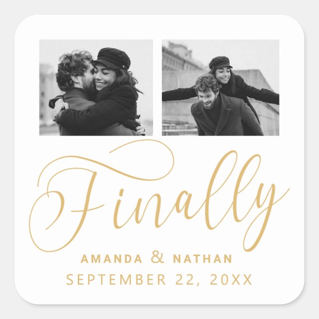 Finally Minimalist Wedding 2 Photo Save the Date Square Sticker (Front)