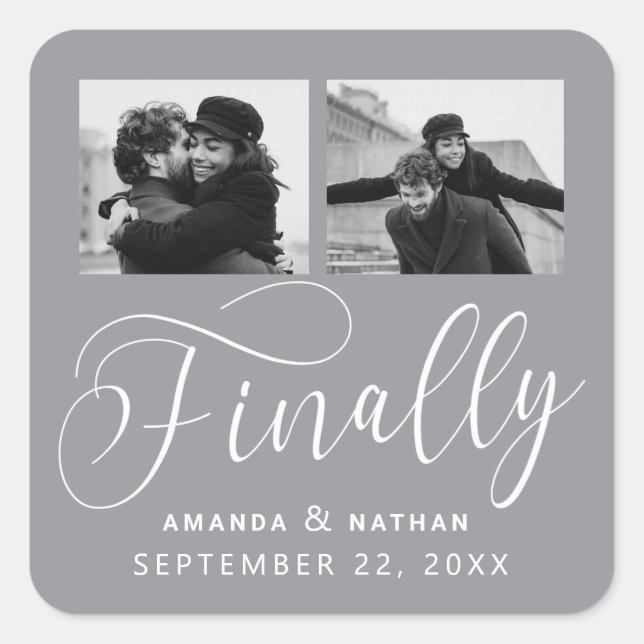 Finally Minimalist Wedding 2 Photo Save the Date Square Sticker (Front)