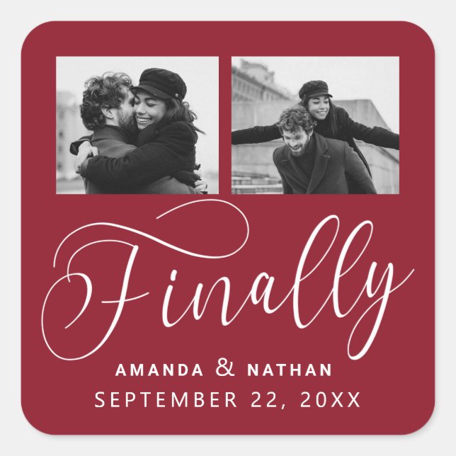 Finally Minimalist Wedding 2 Photo Save the Date Square Sticker (Front)