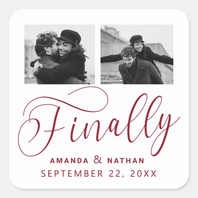 Finally Minimalist Wedding 2 Photo Save the Date Square Sticker (Front)