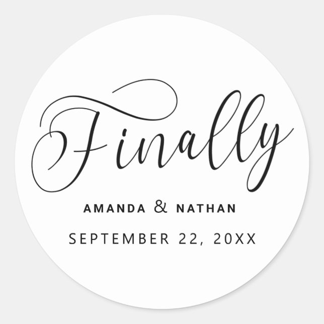 Finally Minimalist Wedding Save the Date Classic Round Sticker (Front)