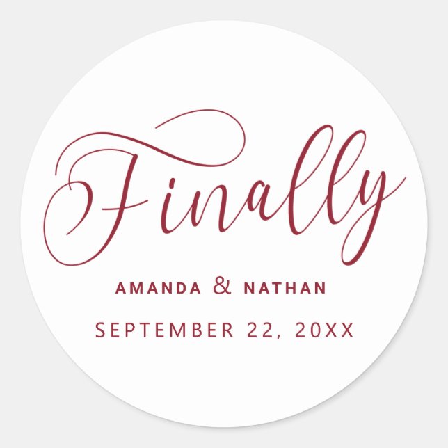 Finally Minimalist Wedding Save the Date Classic Round Sticker (Front)