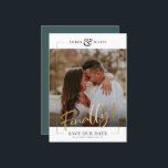 Finally! | Modern Gold Square Photo Elegant Fun Sa Save The Date<br><div class="desc">Share the wonderful news of your engagement with these fun, modern printed gold frame Save the Date cards featuring your favourite square photo along with a big bold FINALLY! in beautiful hand lettered script calligraphy. Personalize with two lines of custom text along the bottom for additional details, like the date...</div>