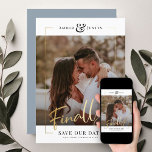 Finally! | Modern Gold Square Photo Elegant Fun Save The Date<br><div class="desc">Share the wonderful news of your engagement with these fun, modern printed gold frame Save the Date cards featuring your favourite square photo along with a big bold FINALLY! in beautiful hand lettered script calligraphy. Personalize with two lines of custom text along the bottom for additional details, like the date...</div>