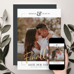 Finally! | Modern Gold Square Photo Elegant Fun Save The Date<br><div class="desc">Share the wonderful news of your engagement with these fun, modern printed gold frame Save the Date cards featuring your favourite square photo along with a big bold FINALLY! in beautiful hand lettered script calligraphy. Personalize with two lines of custom text along the bottom for additional details, like the date...</div>