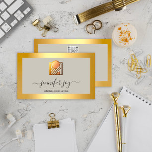 Finance Consulting Broker Gold Grey Logo QR Business Card